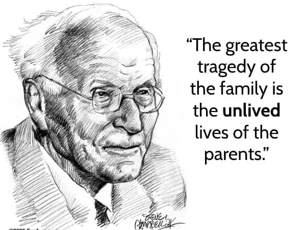 Black-and-white sketch of Carl Jung with the line, “The greatest tragedy of the family is the unlived lives of the parents.”