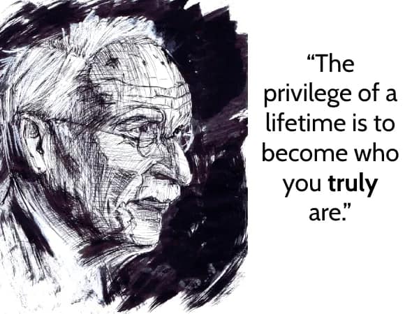 Bold ink sketch of Carl Jung in profile paired with, “The privilege of a lifetime is to become who you truly are.”