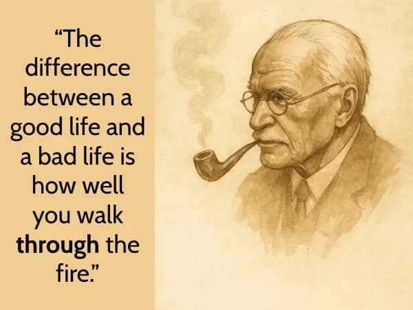 Sepia portrait with pipe and the line, “The difference between a good life and a bad life is how well you walk through the fire.”