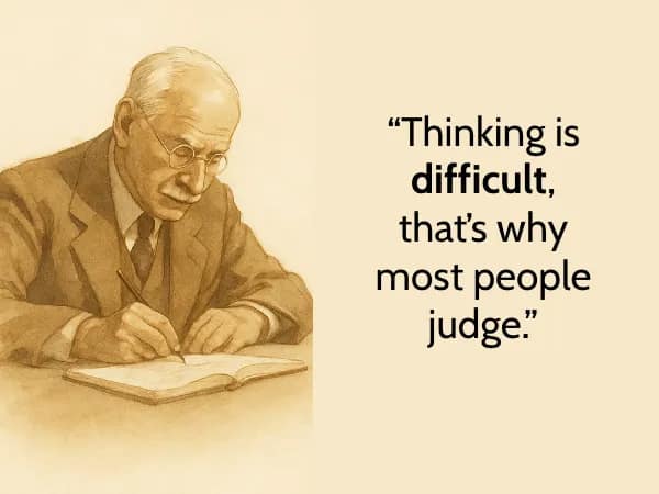 Vintage-style illustration of Carl Jung writing, captioned, “Thinking is difficult, that’s why most people judge.”