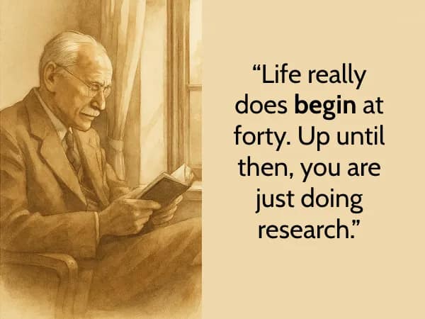 Gentle illustration of Carl Jung by a window with the quote, “Life really does begin at forty. Up until then, you are just doing research.”