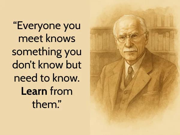 Library portrait with text, “Everyone you meet knows something you don’t know but need to know. Learn from them.”