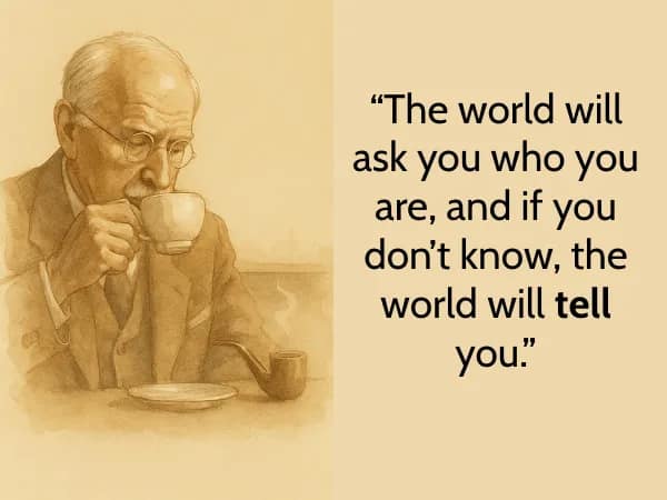 Soft-toned drawing of Carl Jung sipping tea next to, “The world will ask you who you are, and if you don’t know, the world will tell you.”