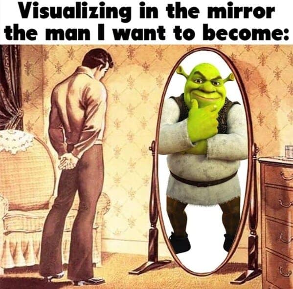 Man sees Shrek in the mirror, a visualization gag common in workout memes about unrealistic bulking goals