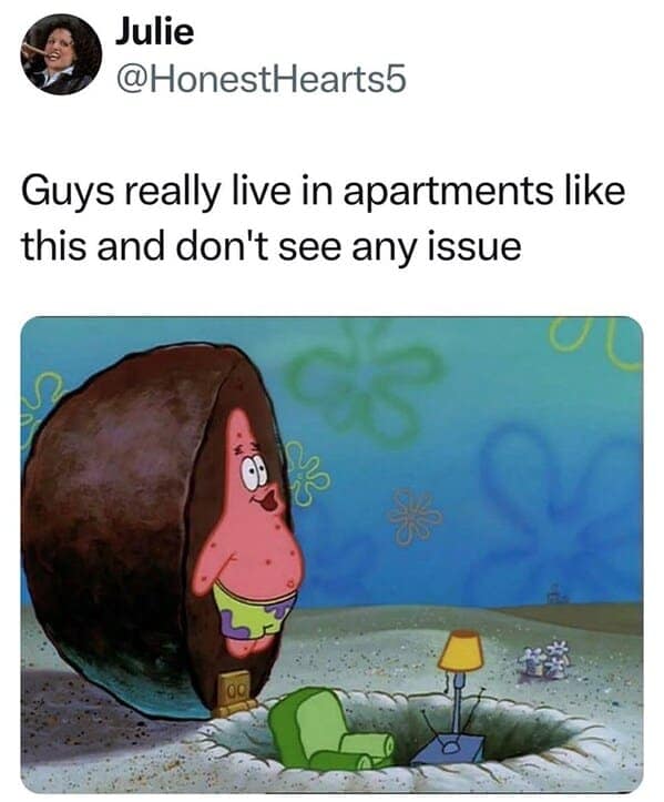 Patrick Star’s cave apartment framed as a minimalist setup, relatable to workout memes about bare-bones home gyms