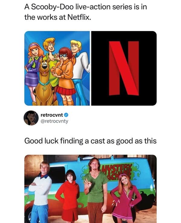 Scooby-Doo Netflix reboot versus 2000s live-action cast, formatted like workout memes comparing new routines to classics