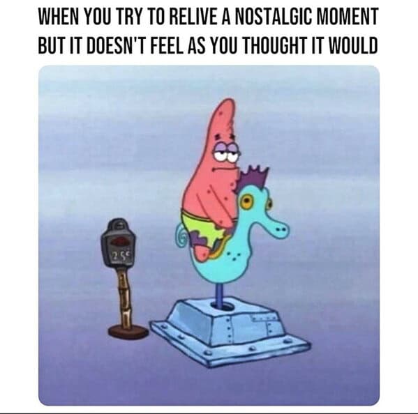 Patrick on a coin-op seahorse looking disappointed, classic beat for workout memes about lost PRs or underwhelming sessions