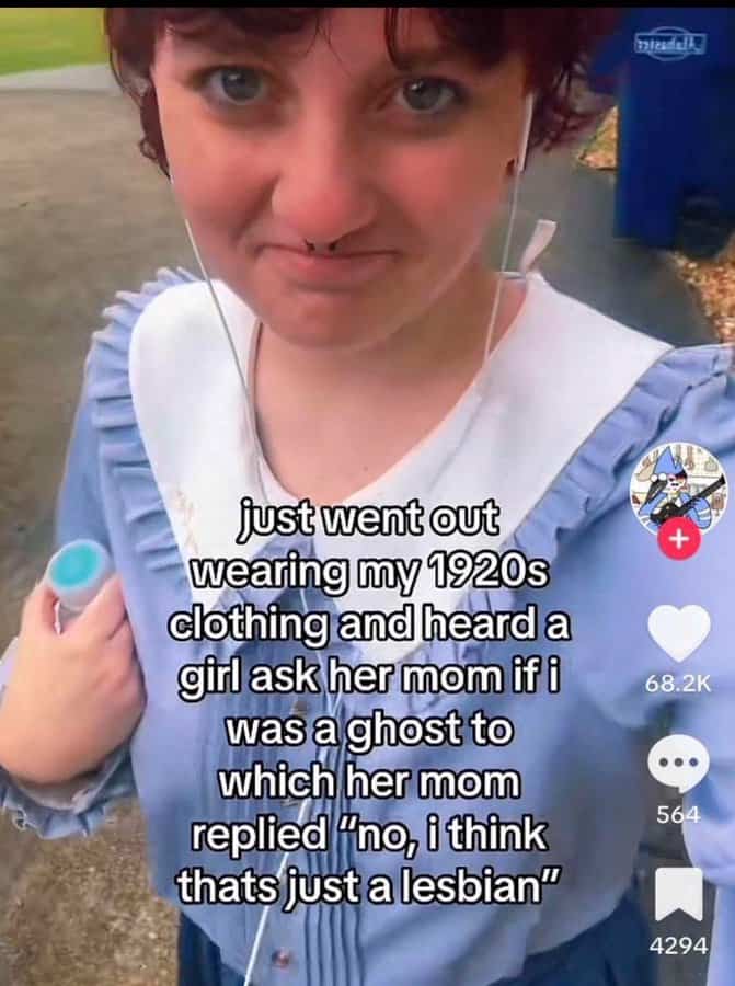 TikTok screenshot of a funny story where someone in vintage clothing is mistaken for a ghost, then a lesbian.