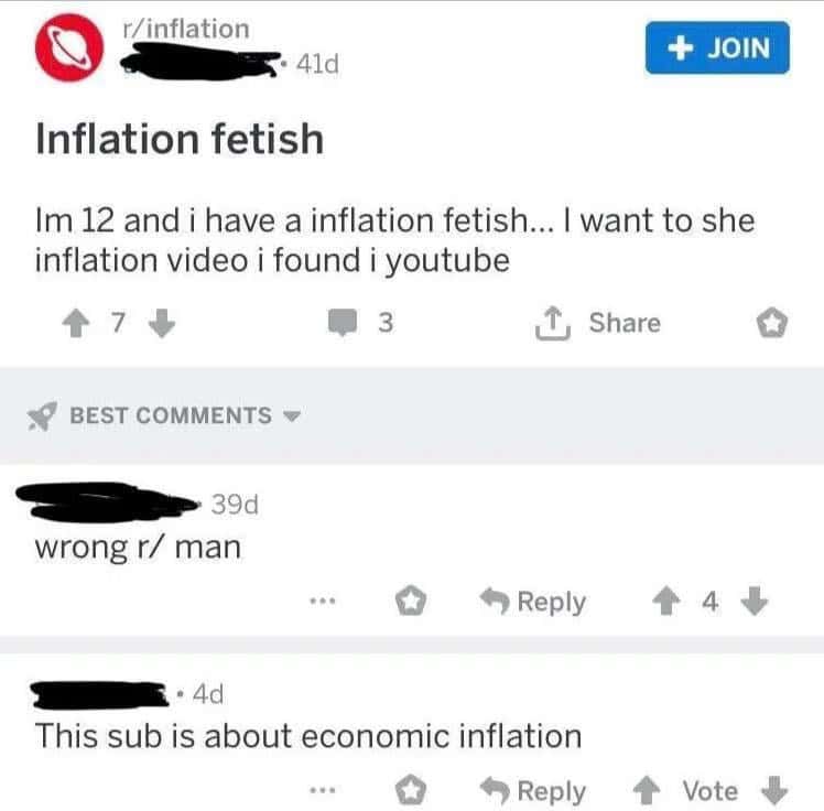 A Reddit user mistakenly posts about an inflation fetish in a subreddit for economic inflation.