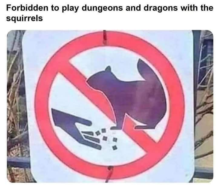 A no-feeding-animals sign misinterpreted as banning DnD with squirrels