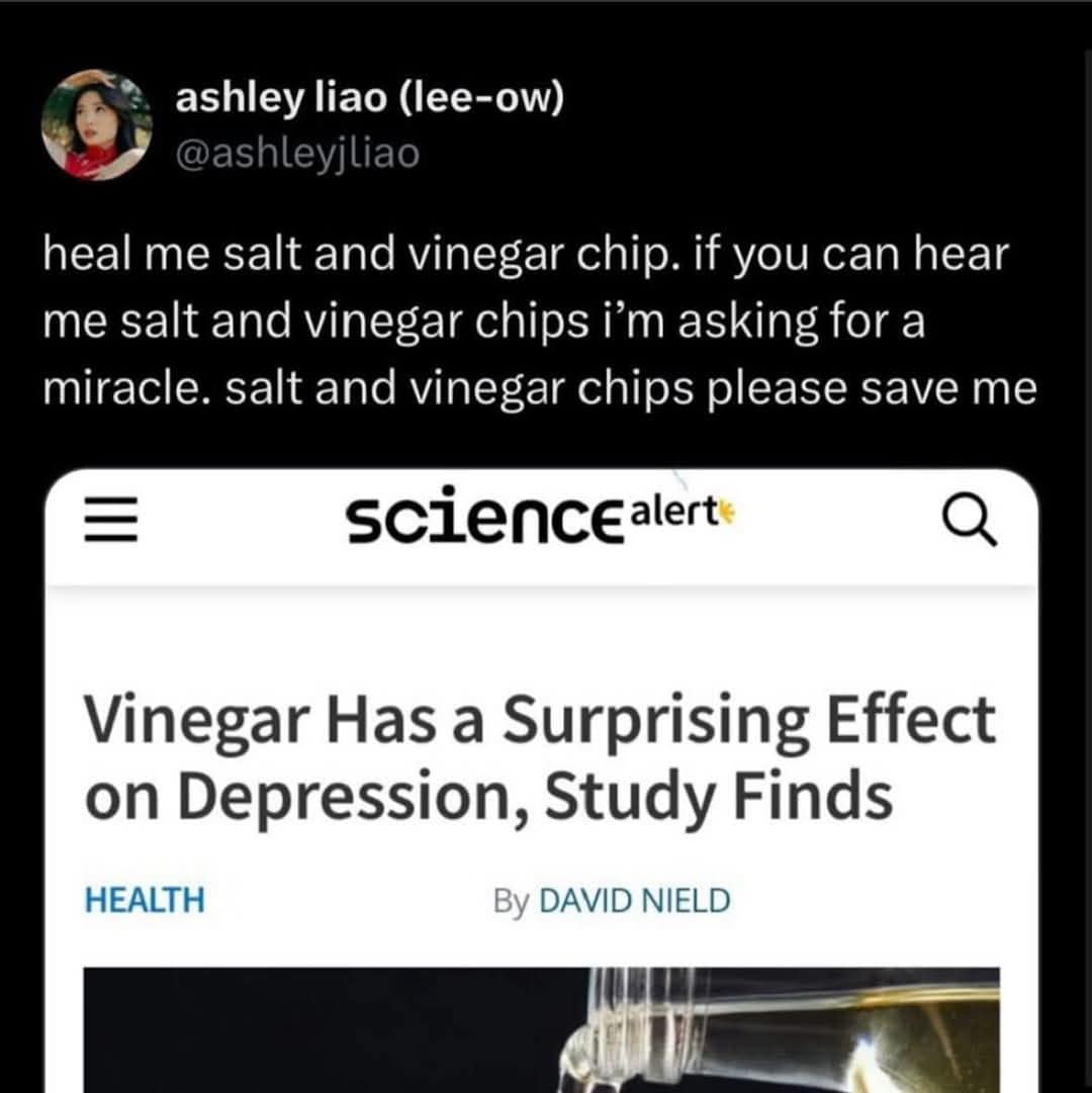 Tweet begging salt and vinegar chips to heal them above headline “Vinegar Has a Surprising Effect on Depression.”
