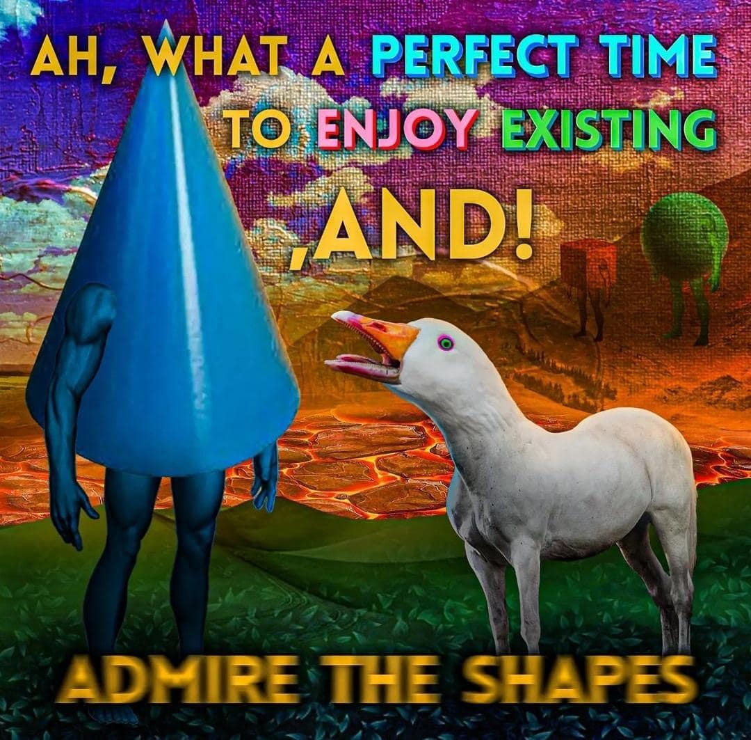 Surreal art of a muscular figure with a blue cone head next to a creature with a goose's head and a horse's body.