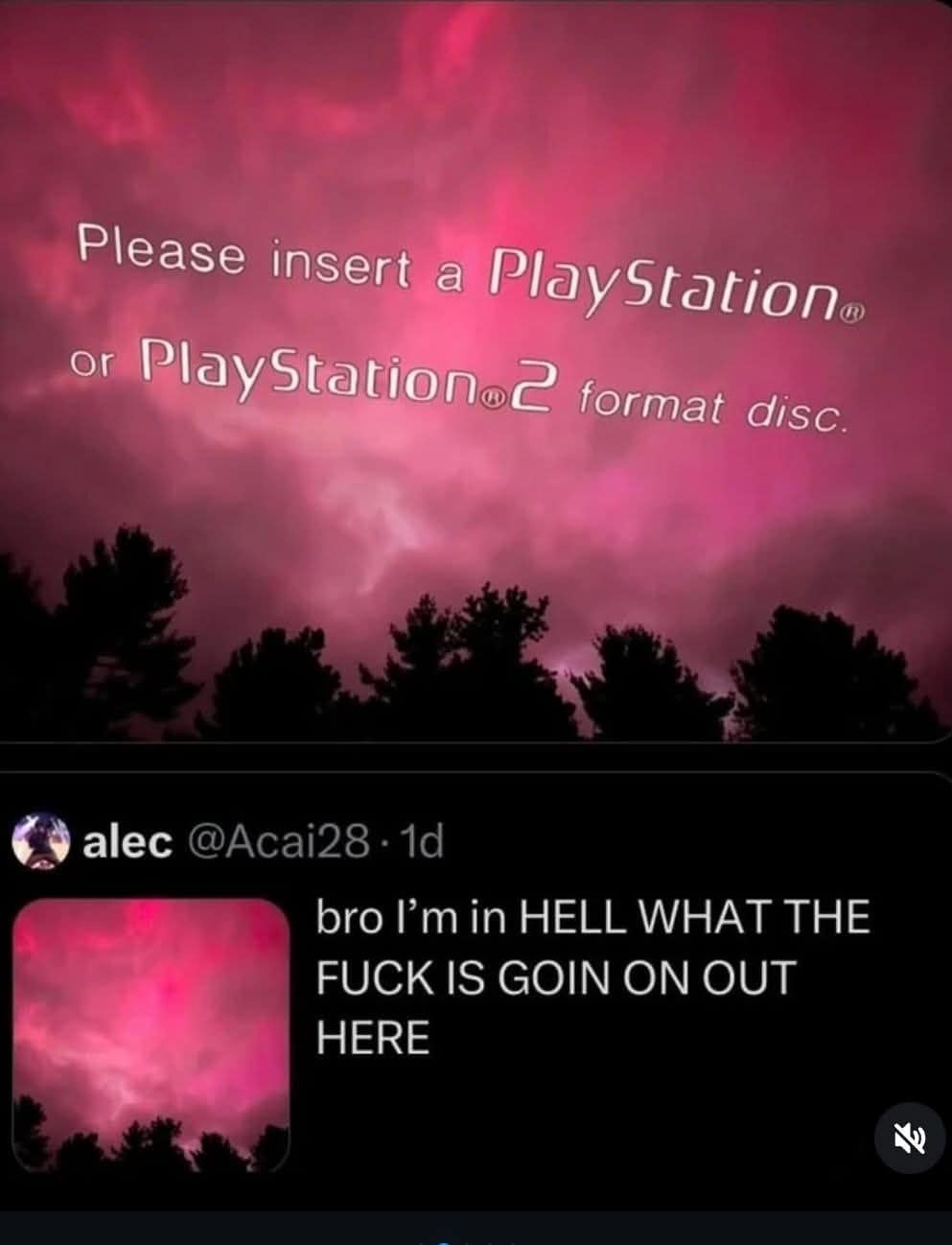 PlayStation 2 “insert disc” screen superimposed on an ominous red sky, with a tweet below reading, “bro I’m in HELL WHAT THE F*** IS GOIN ON OUT HERE.”