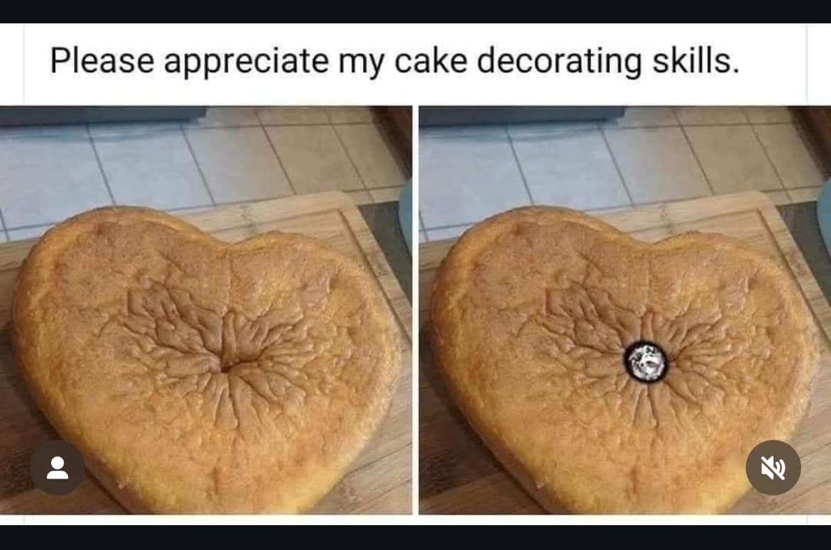 A heart-shaped cake with a wrinkled, unfortunate indentation in the center. The second photo shows a small candy or decoration placed right in the middle.