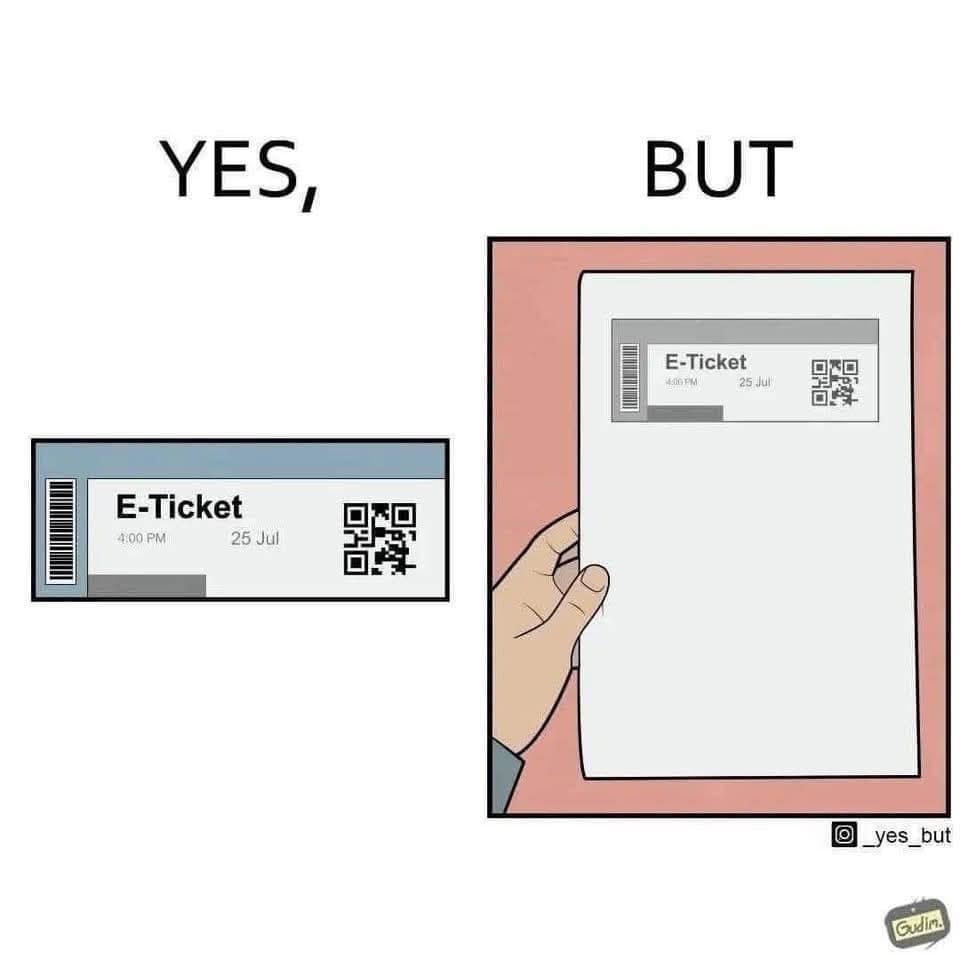 E-ticket graphic beside an oversized printed copy held in a hand.