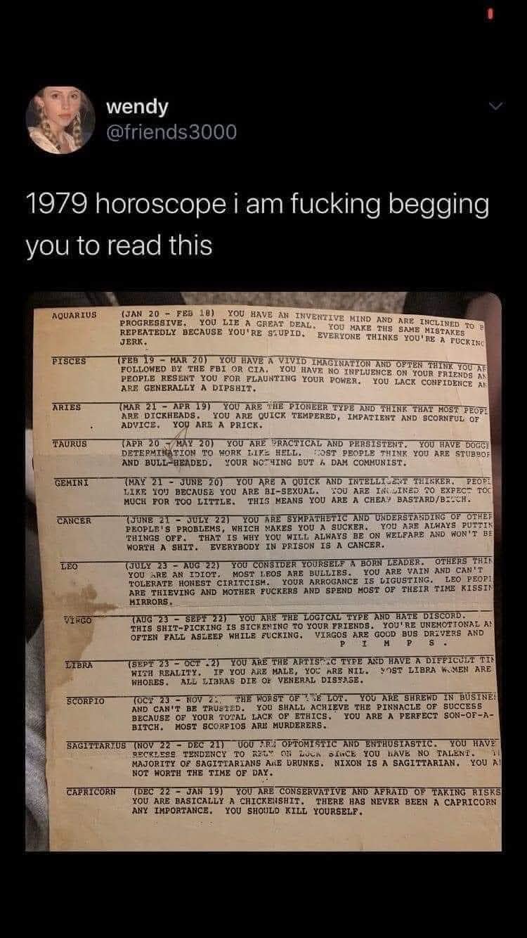 an aggressively sarcastic 1979 horoscope, with each zodiac sign brutally insulted.