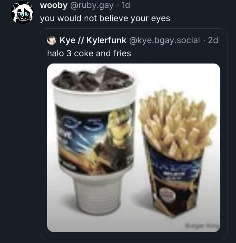 Quote-tweet of Halo promo coke and fries with lyric-styled caption.