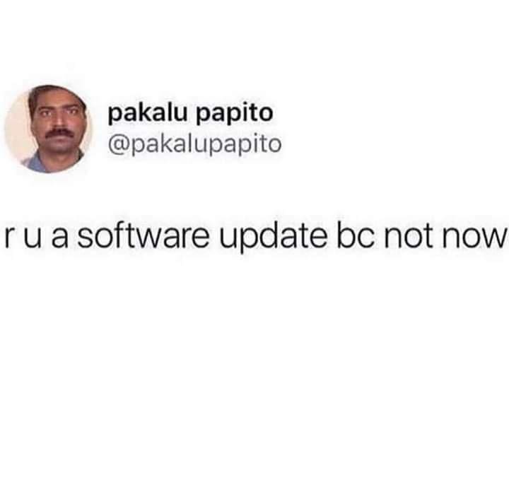 Tweet from @pakalupapito says: “r u a software update bc not now”