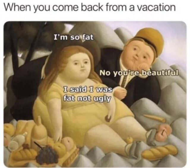 A Botero-style painting of a fat couple; woman says she's fat, man says she's beautiful, she clarifies she said fat not ugly.