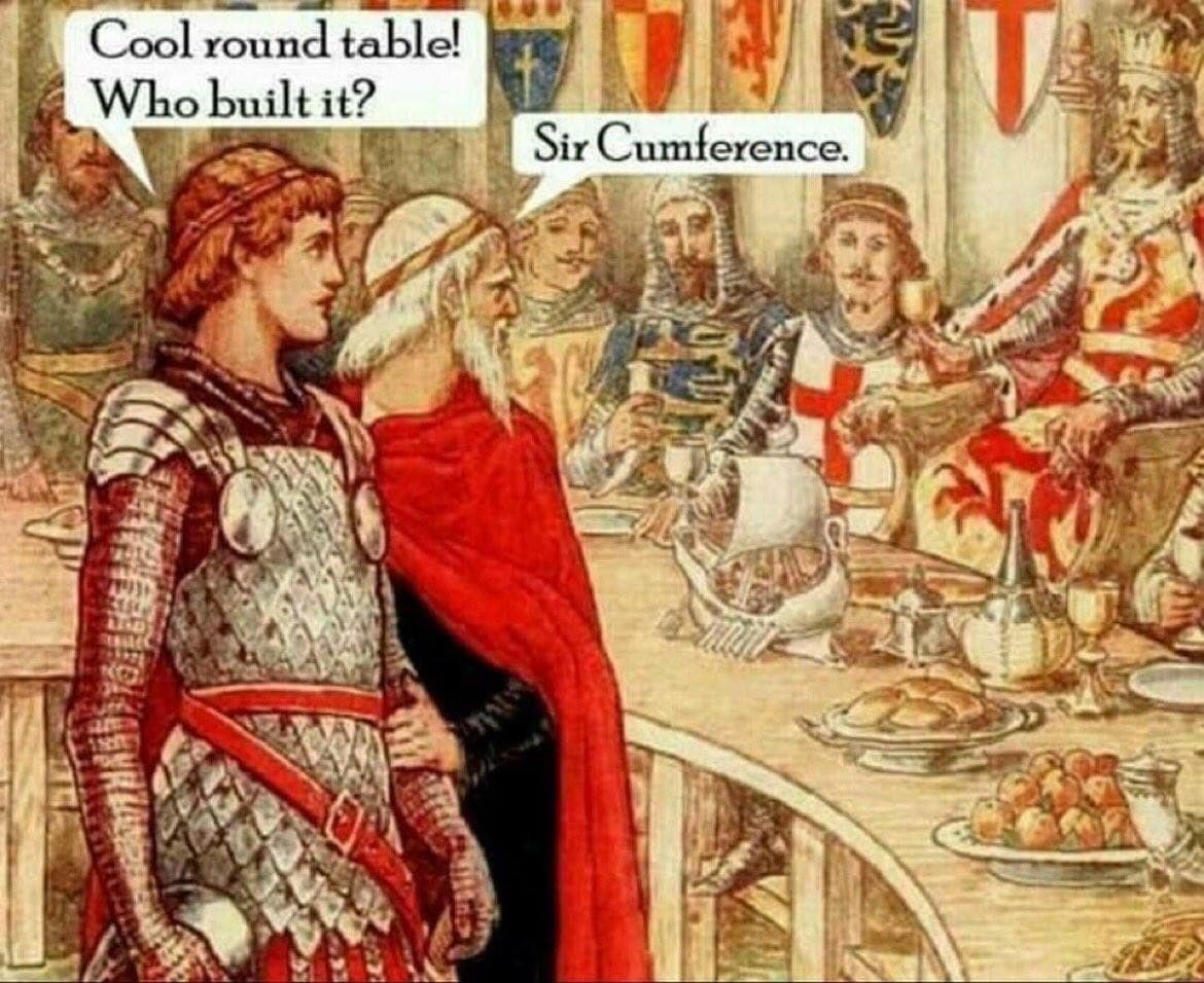 classic memes pun showing knights at the Round Table joking the builder was “Sir Cumference”