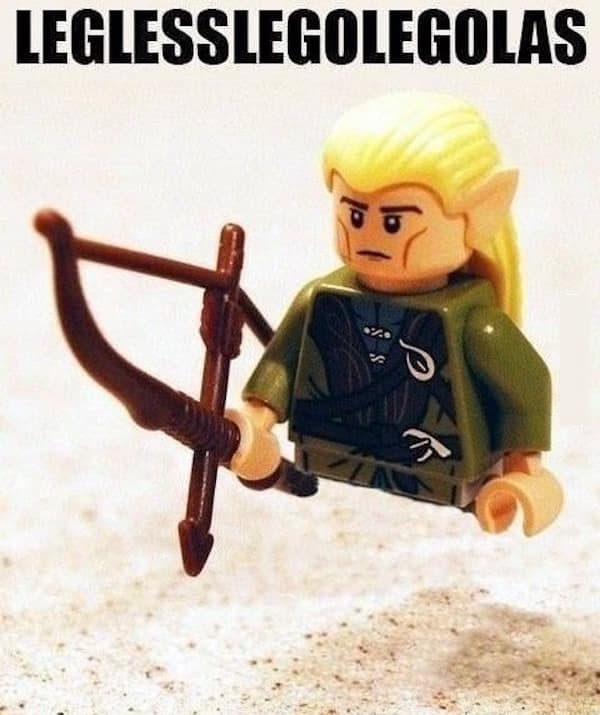 LEGO minifig of Legolas with no legs floating above sand; big text says “LEGLESSLEGOLEGOlas.”
