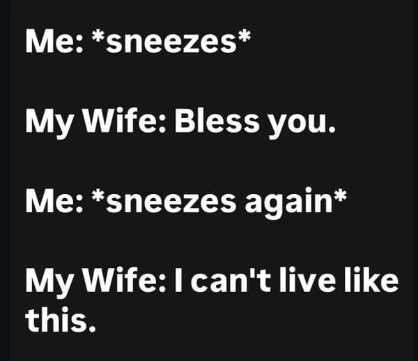 Text meme of a wife reacting dramatically to repeated sneezes