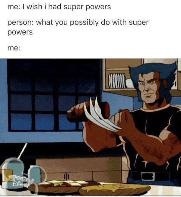 Wolverine from X-Men using his claws to slice a hot dog bun