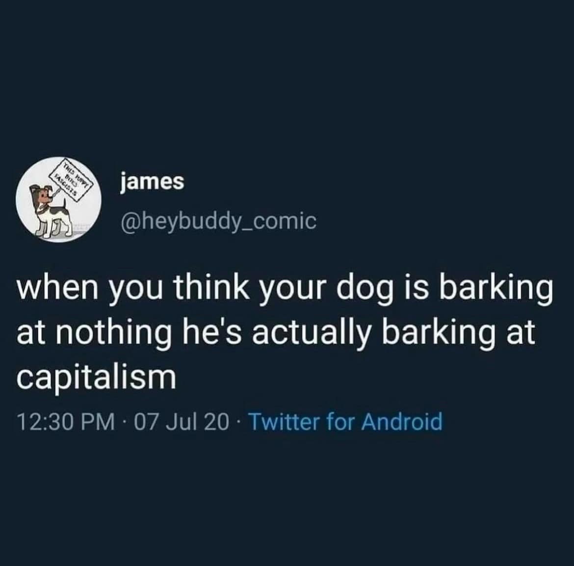 Tweet saying your dog isn’t barking at nothing — he’s barking at capitalism.