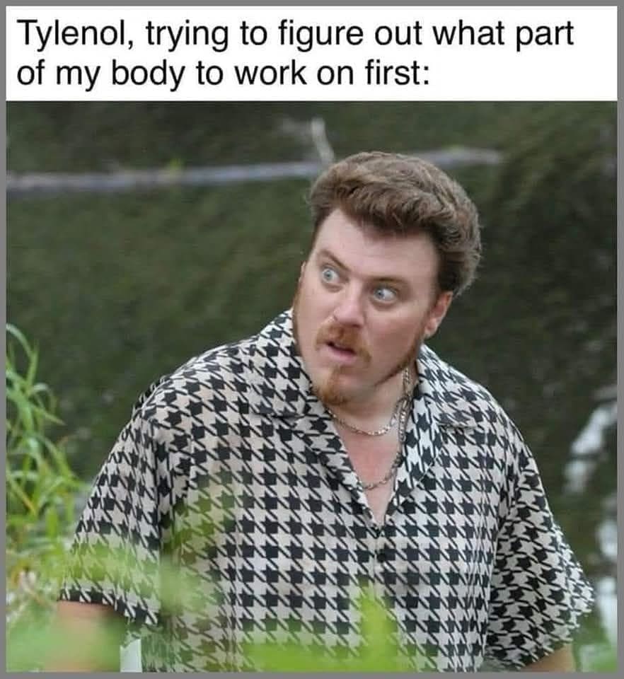 Man in houndstooth shirt looks bewildered; caption says Tylenol is figuring out which body part to help first