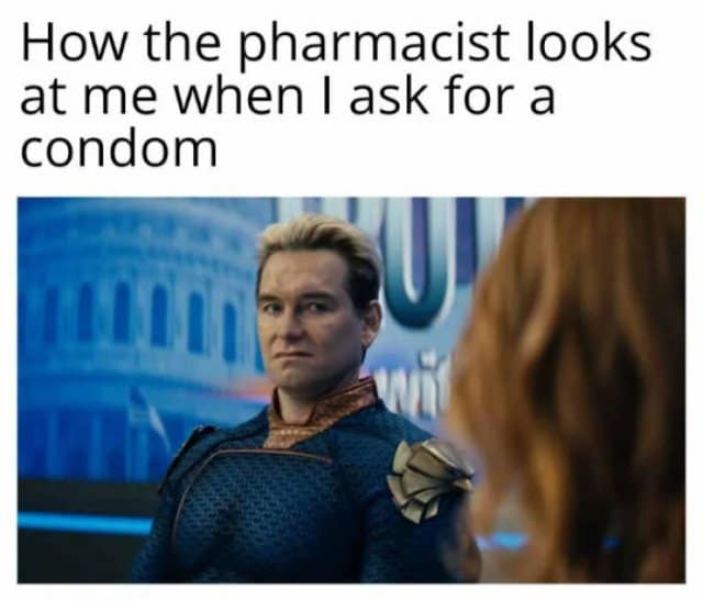 blond superhero giving judgmental look with caption about asking pharmacist for a condom