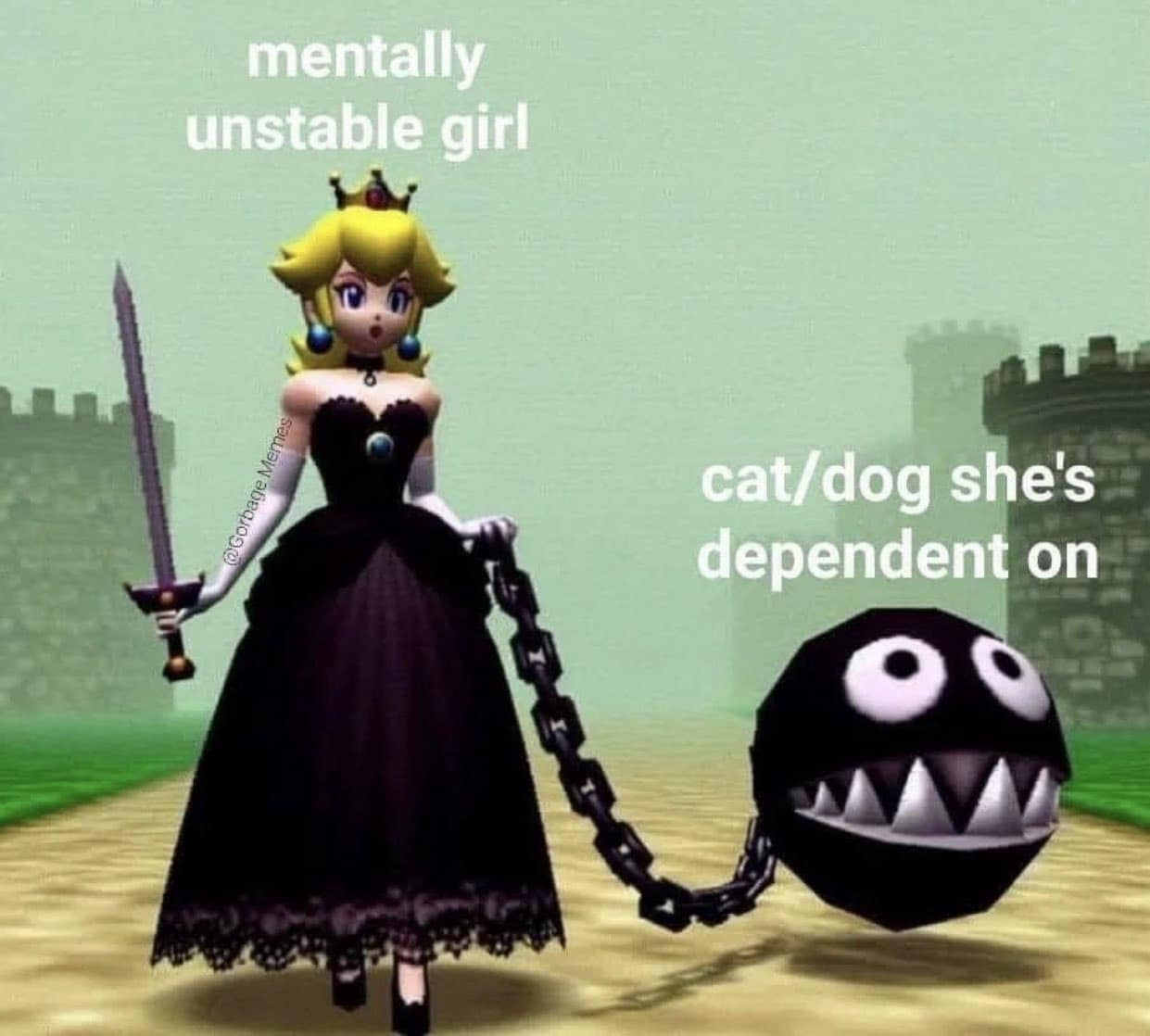 Gothic Princess Peach holding a sword, chained to a grinning Chain Chomp labeled as the pet she depends on.