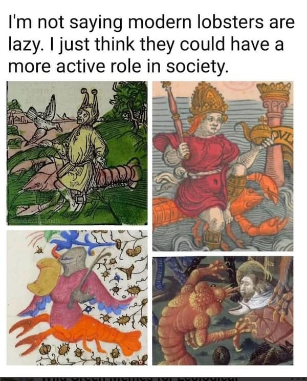 Medieval manuscript illustrations of people interacting with giant lobsters in humorous, surreal historical artwork.