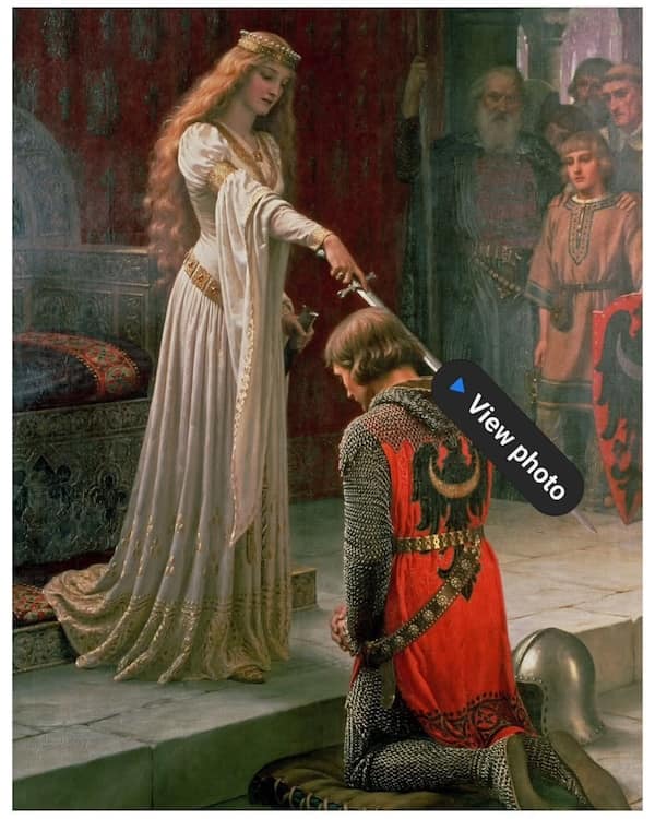 A regal woman in a white gown knights a kneeling armored man in a medieval hall.
