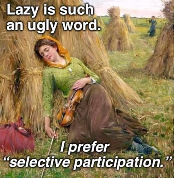19th-century rural painting of woman sleeping against haystack holding a violin in her lap.
