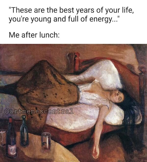 Oil painting of a woman sprawled on a couch after a meal; bottles and glass on the table.