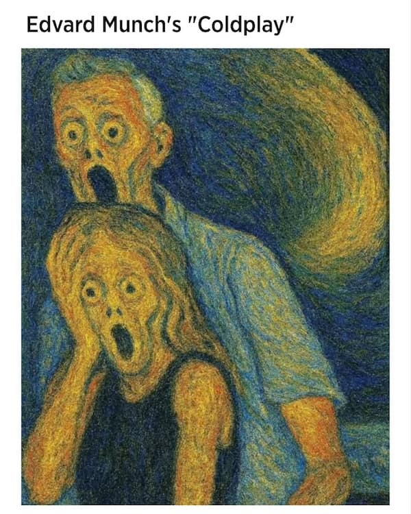Two figures scream in a Munch-style painting with swirling blue and yellow; caption reads “Edvard Munch’s ‘Coldplay.’”
