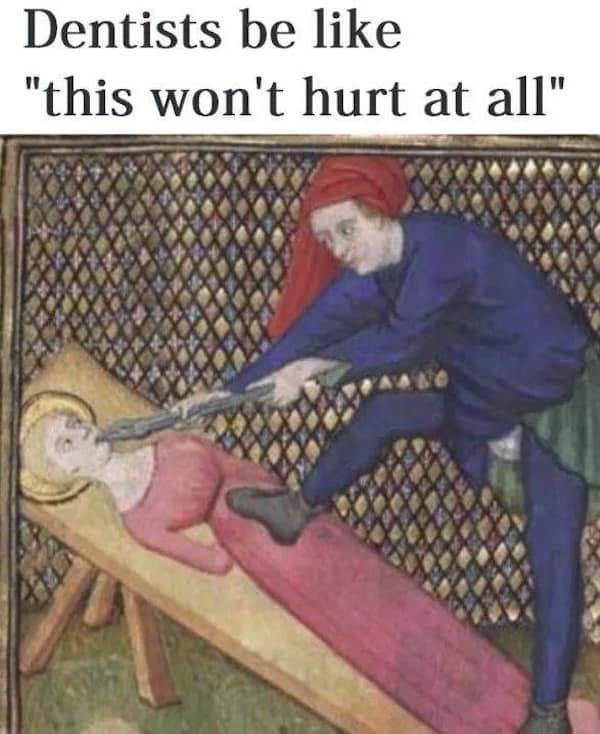Medieval manuscript of man in red hat using large tool on woman lying on bench in pink gown.