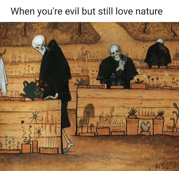 Skeleton monks tend plants in raised garden beds like a medieval manuscript scene.
