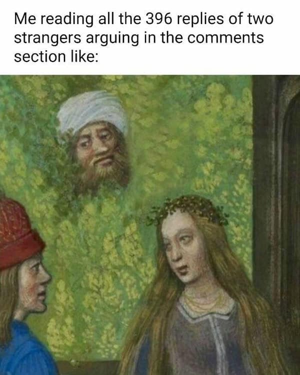 Medieval art of two figures talking while a man’s head peeks from leafy background.