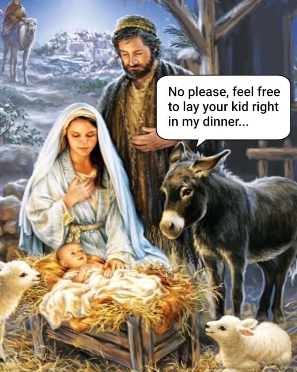 Nativity scene with Mary, Joseph, and a donkey; speech bubble grouses about the baby in the hay.