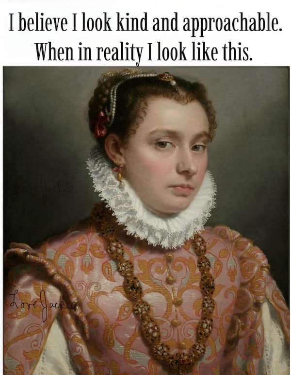 Renaissance portrait of young woman in ornate dress and ruffled collar with serious expression.
