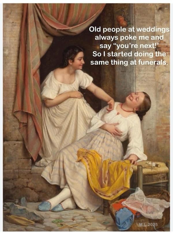 19th-century-style painting of two women laughing together beside draped curtain and stone wall.