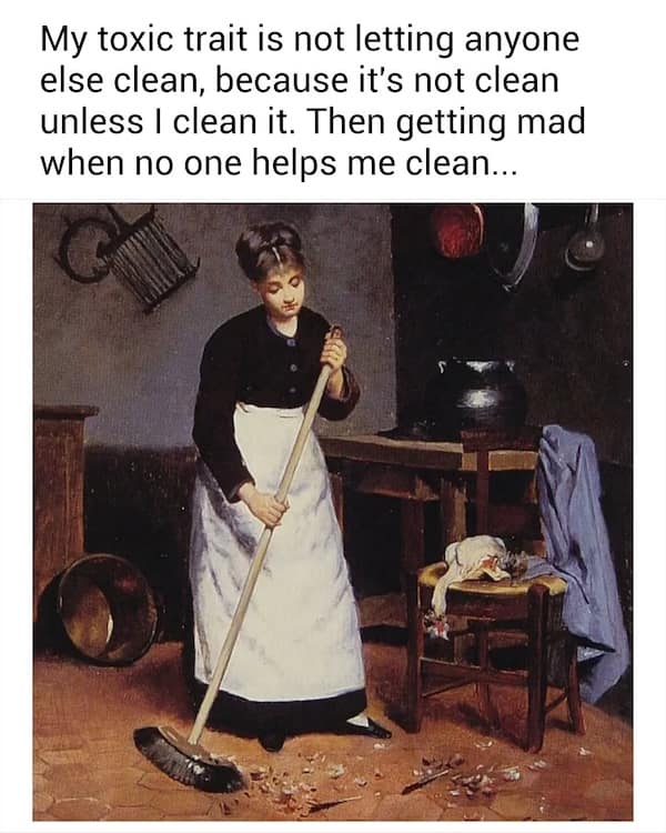 19th-century kitchen scene of a woman sweeping shattered crockery on the floor.