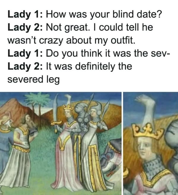Medieval manuscript showing crowned woman holding severed leg beside two other figures.