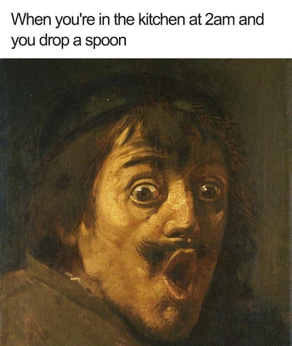 Baroque-style painting of man with mustache and wide-eyed shocked expression, mouth open.