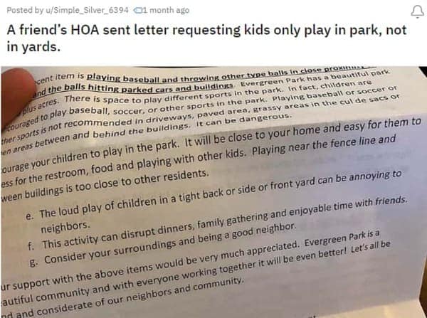 A condo HOA nightmare where the HOA sent a letter telling kids they can't play in their yards.