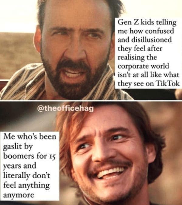 Nicolas Cage and Pedro Pascal meme comparing Gen Z's corporate shock to millennial numbness.
