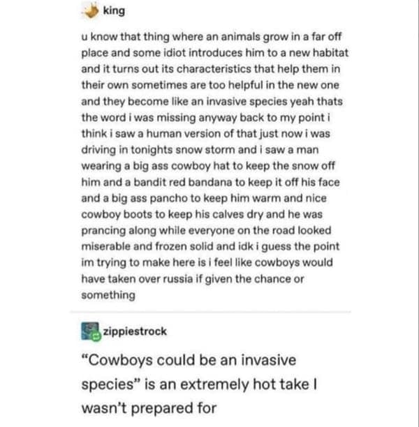 Tumblr post describing a cowboy during a snowstorm as an invasive species.