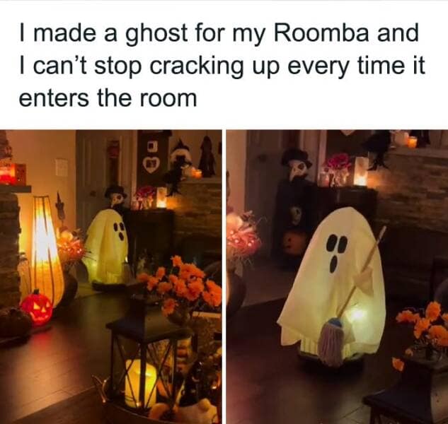 Roomba dressed as a glowing ghost with a tiny broom, the funniest seasonal craft hacks for Halloween.