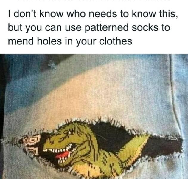 Dinosaur sock peeks through a patched jean hole—playful mending that proves craft hacks can be fun.